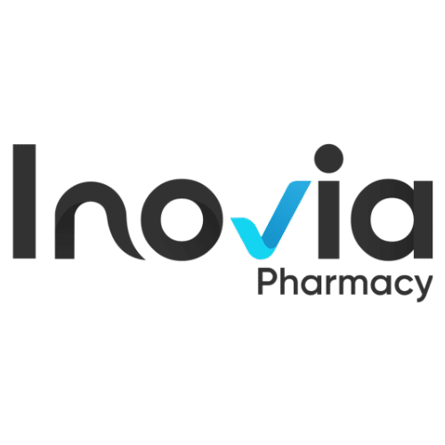 Inovia Pharmacy wordmark with a blue checkmark forming the letter 'v' on a white background.