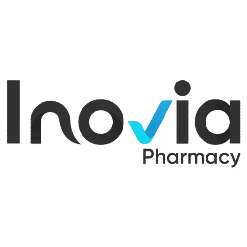 Inovia Pharmacy logo: black wordmark with a blue checkmark forming the 'v'.