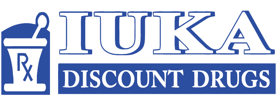 Iuka Discount Drugs logo with a blue Rx prescription bottle icon and bold blue text name.
