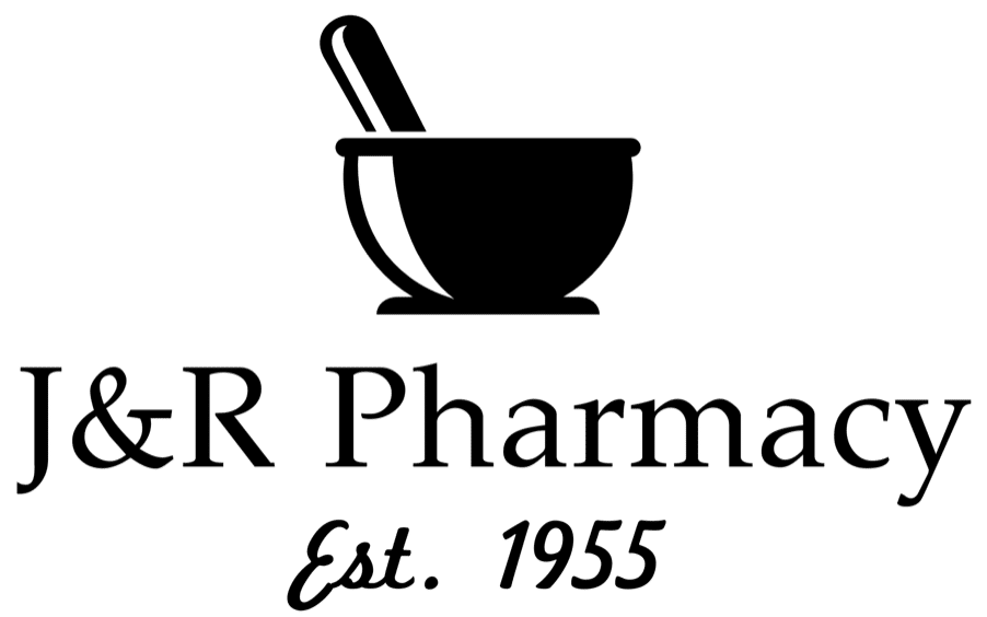 Logo for J&R Pharmacy with a mortar and pestle illustration and 'Est. 1955' text.