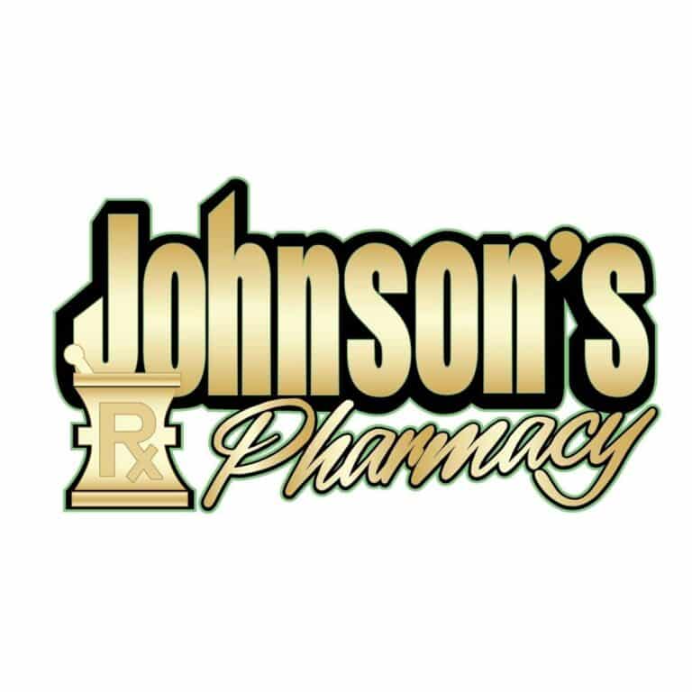 Johnson's Pharmacy logo featuring gold lettering and a mortar-and-pestle with an RX symbol on the left side