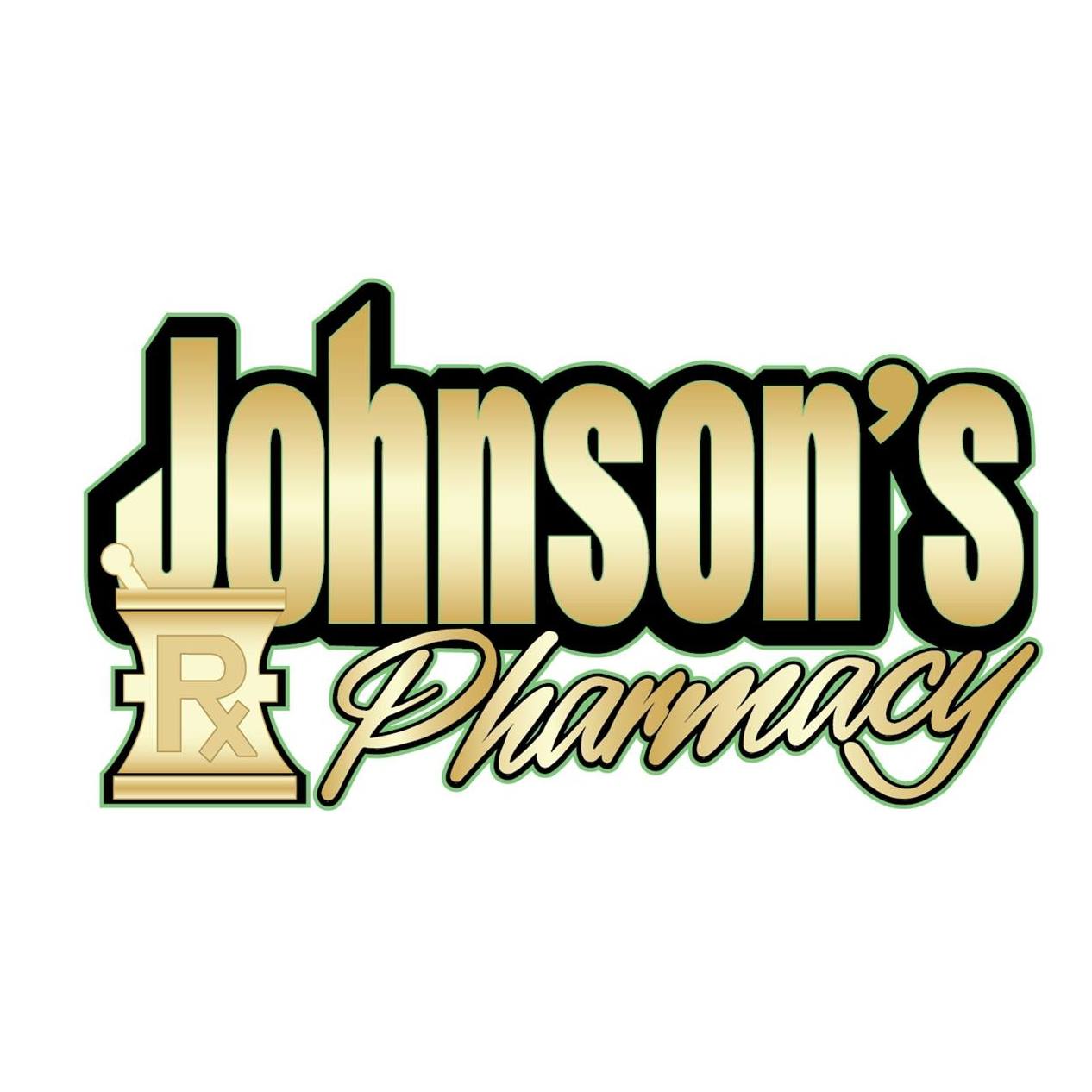 Johnson's Pharmacy logo with gold gradient lettering and a mortar-and-pestle icon featuring an Rx symbol on the left side
