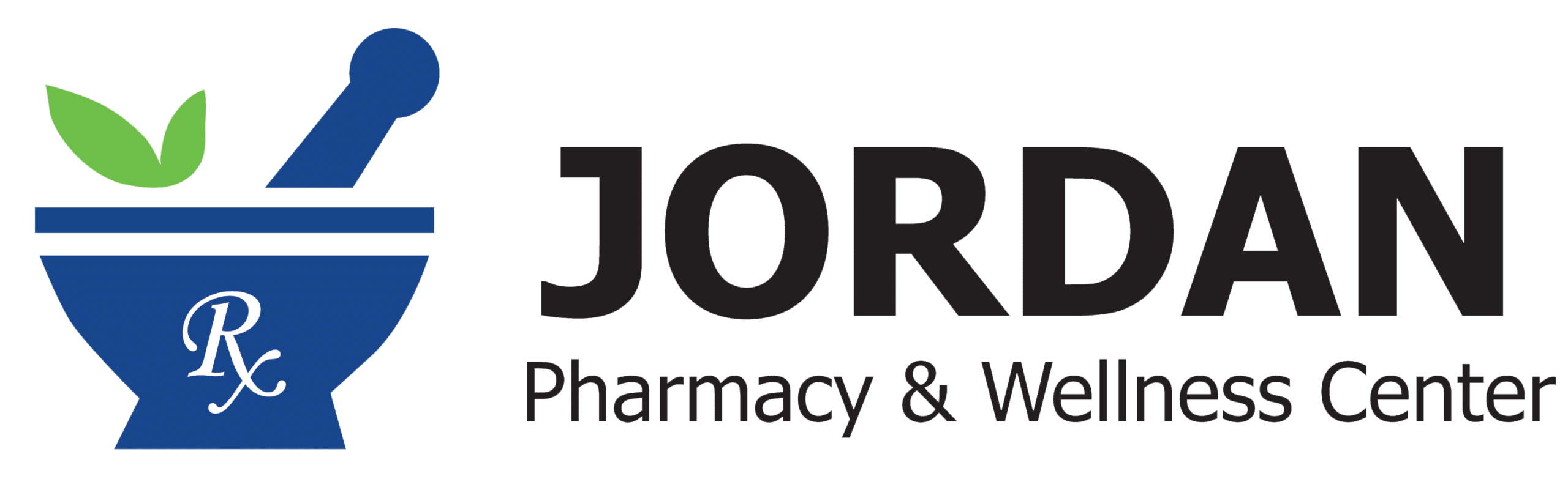 Jordan Pharmacy & Wellness Center logo featuring a blue mortar-and-pestle with an Rx symbol and green leaves, next to the name.