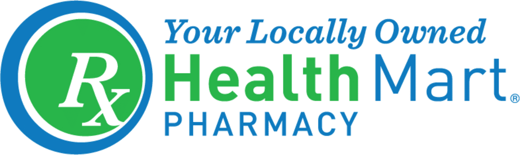 Health Mart Pharmacy logo: green circle with Rx inside, blue outer ring, and the text 'Your Locally Owned Health Mart Pharmacy'.