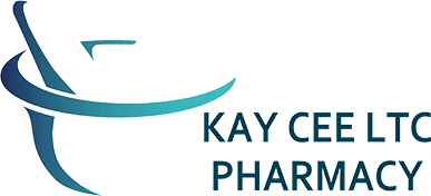 Logo for KAY CEE LTD PHARMACY with a teal curved ribbon emblem on the left and blue text on the right.