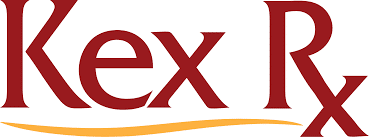Kex Rx logo featuring red serif lettering with an orange curved underline
