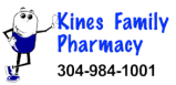 Kines Family Pharmacy logo with a cartoon skeleton and the phone number 304-984-1001.