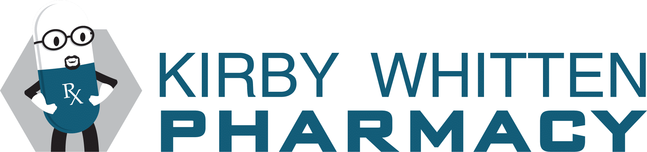 Kirby Whitten Pharmacy logo with a cartoon pill bottle wearing glasses and holding an RX book next to the text 'Kirby Whitten Pharmacy'.