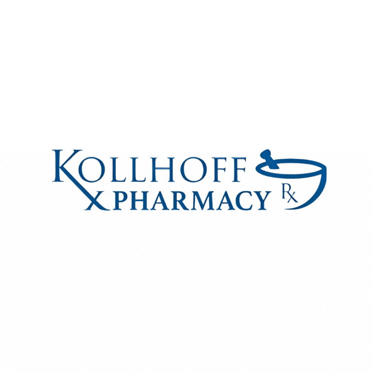Kolhoff Pharmacy logo in blue with an Rx symbol and a mortar and pestle on a green gradient background