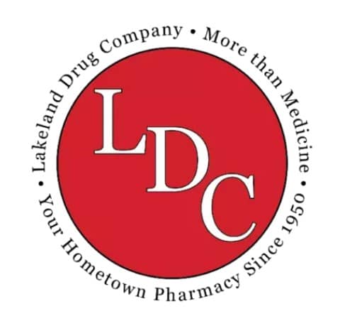 Red circular logo with white LD C initials in the center; outer ring reads 'Lakeland Drug Company • More than Medicine • Your Hometown Pharmacy Since 1950'