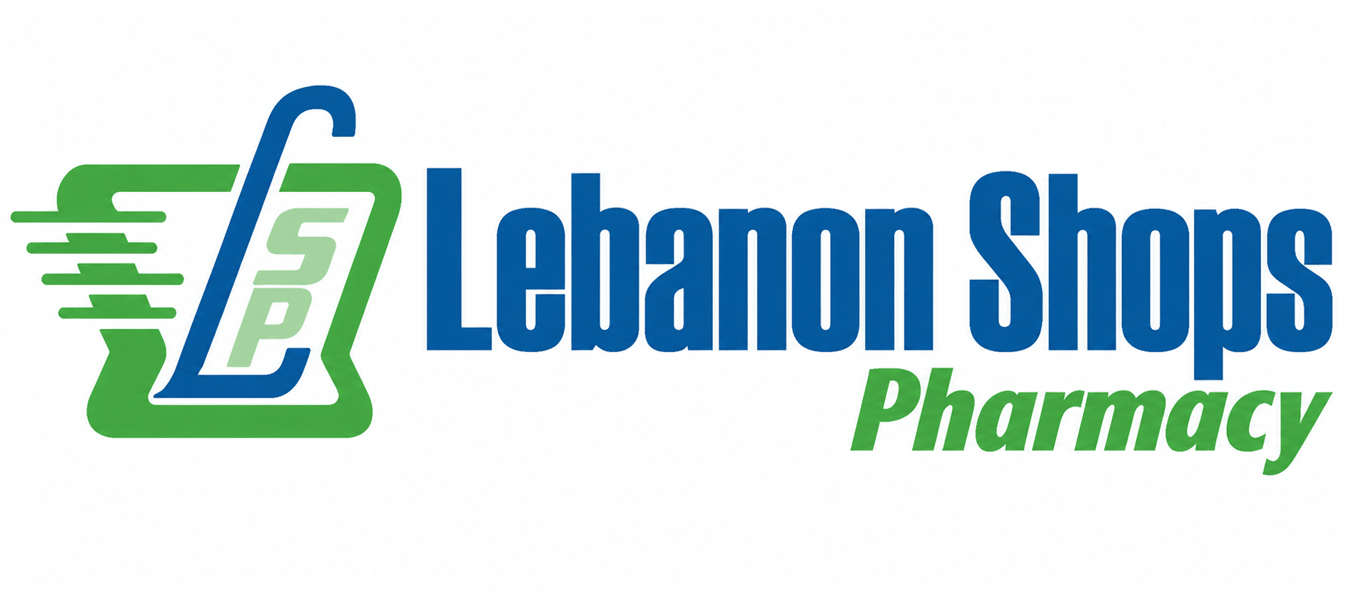 Lebanon Shops Pharmacy logo with a green shopping cart icon on the left and bold blue 'Lebanon Shops' text, plus green italic 'Pharmacy' on white background.