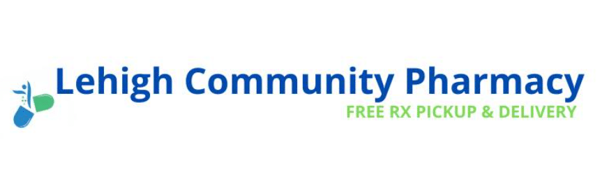 Lehigh Community Pharmacy logo with blue text, a blue-green pill icon, and the green slogan 'Free RX Pickup & Delivery'