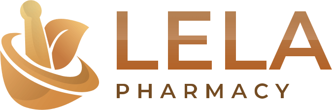 LELA Pharmacy logo with orange wordmark and abstract circular emblem to the left.