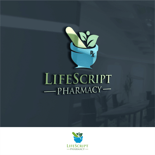 Lifescript Pharmacy logo on a glass wall: blue mortar and pestle with a pill and leaves, and the Lifescript Pharmacy name.