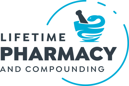 Lifetime Pharmacy and Compounding logo featuring a blue mortar and pestle with a teal circular arc.