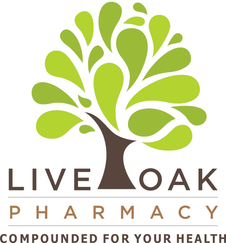 Logo for Live Oak Pharmacy featuring a stylized green tree with a brown trunk, and the text 'LIVE OAK PHARMACY' with the tagline 'COMPOUNDED FOR YOUR HEALTH' below.