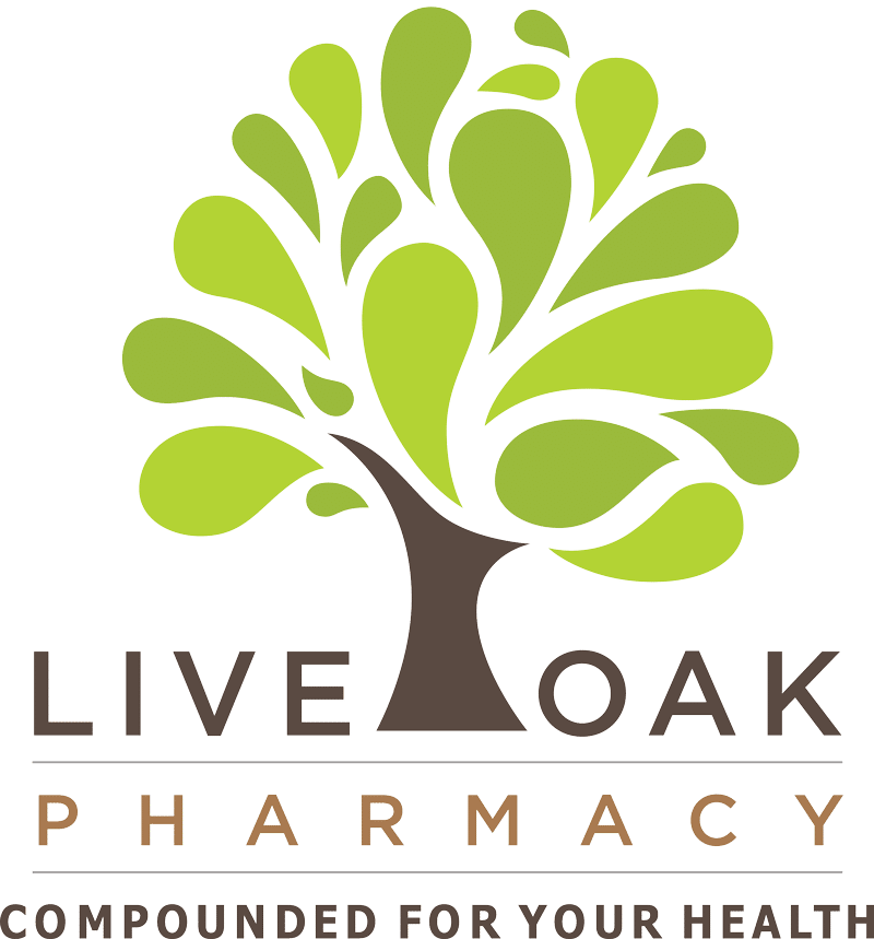 Live Oak Pharmacy logo with a stylized green tree above a brown trunk, the words LIVE OAK PHARMACY and the slogan 'COMPOUNDED FOR YOUR HEALTH'