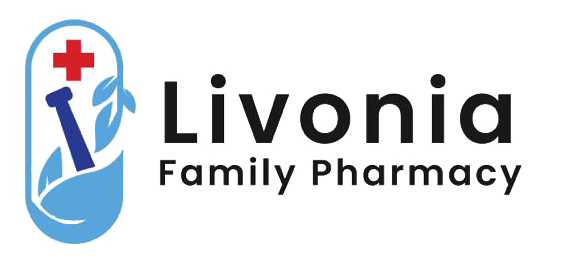 Livonia Family Pharmacy logo: a blue shield with a red cross and a mortar-and-pestle motif plus leaves, next to the text 'Livonia Family Pharmacy'