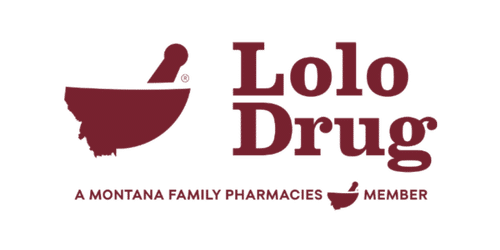 Lolo Drug logo featuring a mortar and pestle icon and the words 'Lolo Drug' with a small Montana pharmacist tagline.