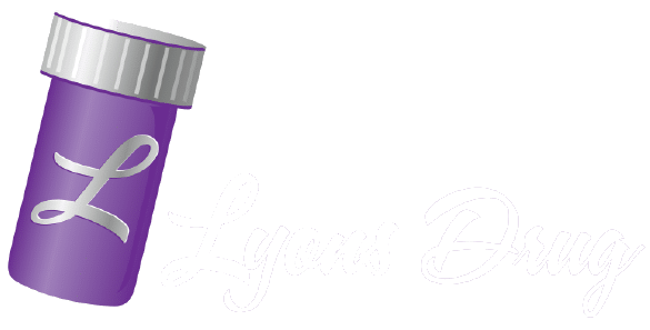 Tilted purple medicine bottle with a gray cap and the white 'Lyons Drug' script logo.