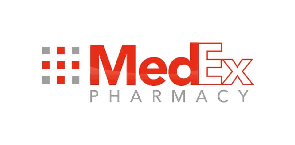 MedEx Pharmacy logo with bold red 'MedEx' and light gray 'PHARMACY' text, plus a left-side grid of small squares.