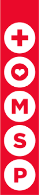 Vertical stack of five white circular icons on a red background: plus sign, heart, M, S, P from top to bottom.