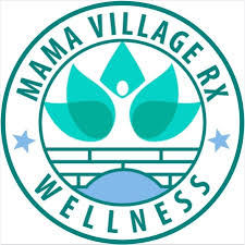 Logo for Mama Village RX Wellness: circular teal emblem with a stylized person raising arms, leaves and water motif, and surrounding text.