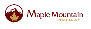 Maple Mountain Pharmacy logo: maroon circular emblem with mountains and a maple leaf, beside the text ‘Maple Mountain Pharmacy’ in maroon and gold.
