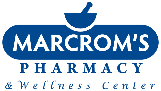 Logo for MARCROM'S Pharmacy & Wellness Center in blue, with a mortar and pestle icon above the wordmark and the tagline in script below.[informative]