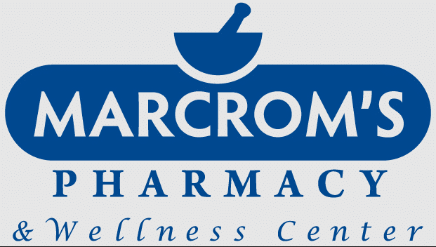 Logo for MARCROM'S Pharmacy & Wellness Center featuring a blue mortar and pestle above the brand name in a rounded blue banner.