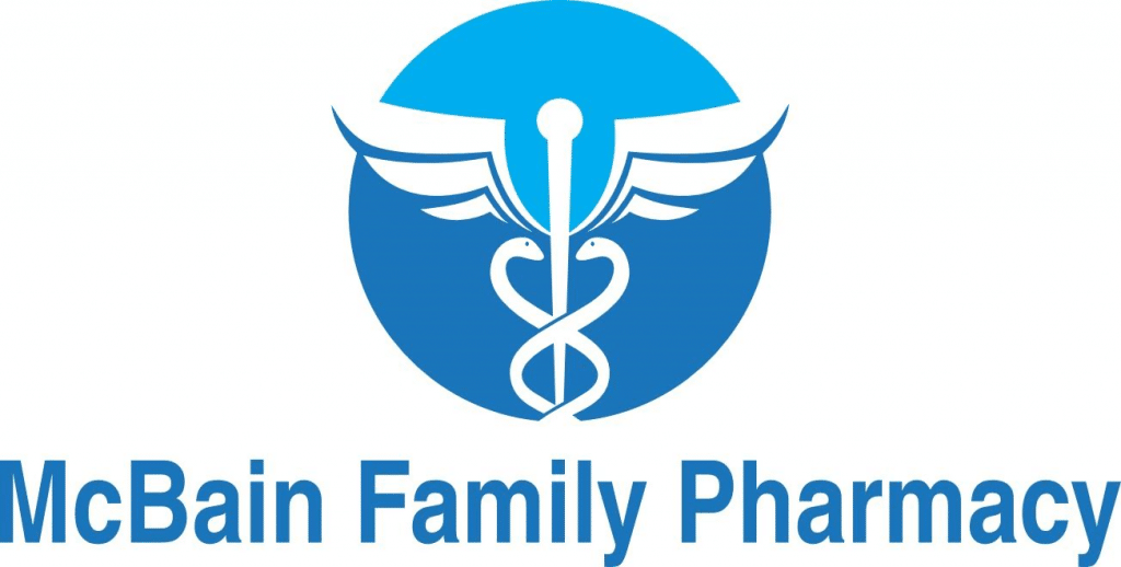 McBain Family Pharmacy logo with a blue circle and caduceus symbol above the text 'McBain Family Pharmacy'