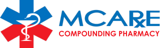 MCare Compounding Pharmacy logo with blue and red cross shapes and a white caduceus symbol