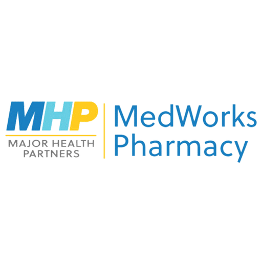 MedWorks Pharmacy logo beside Major Health Partners initials MHP in blue and yellow.