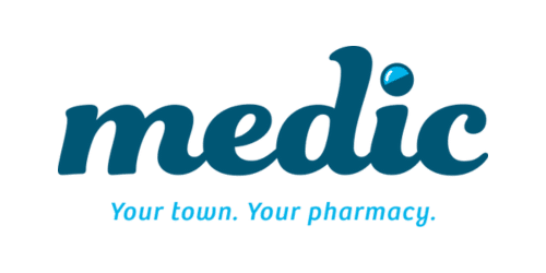 Medic logo in blue script with the tagline 'Your town. Your pharmacy.'