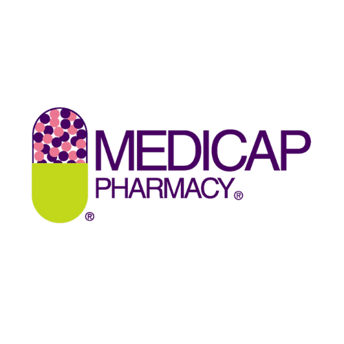 Medicap Pharmacy logo with a two-tone capsule (purple dotted top, lime-green bottom) and the words MEDICAP PHARMACY.