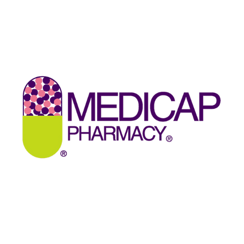 Medicap Pharmacy logo: purple pill icon with pink dots and lime green bottom, followed by the 'MEDICAP PHARMACY' wordmark.