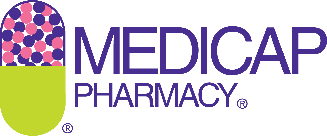 Medicap Pharmacy logo with a stylized pill icon (purple top with pink dots, lime bottom) beside bold purple text