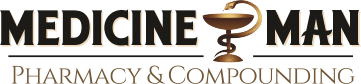 Medicine Man Pharmacy & Compounding logo with a caduceus symbol in green and brown typography