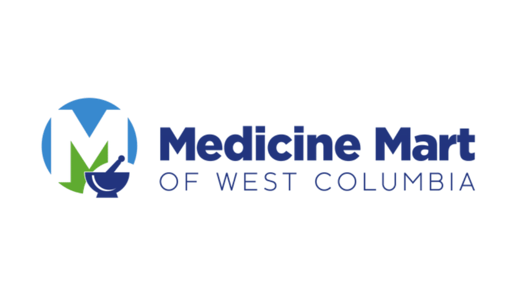 Medicine Mart of West Columbia logo: blue and green circular emblem to the left with bold navy text to the right reading 'Medicine Mart of West Columbia'