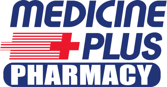 Medicine Plus Pharmacy logo with blue rounded text and a red cross icon