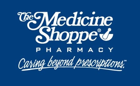 The Medicine Shoppe Pharmacy logo on blue background with the 'Caring beyond prescriptions' slogan.