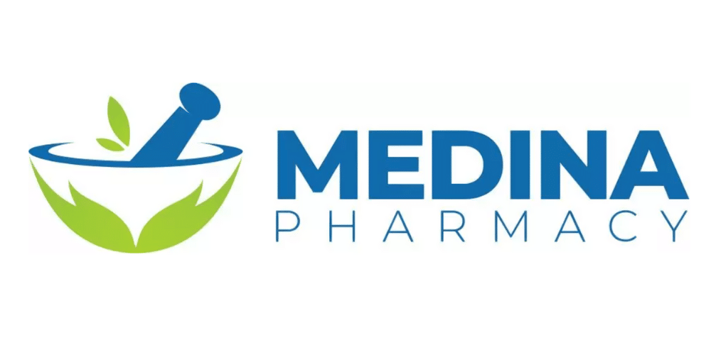 Medina Pharmacy logo with a blue mortar and pestle, green leaves, and the text MEDINA PHARMACY