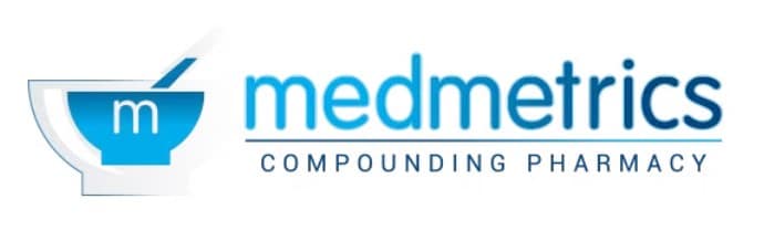 MedMetrics Compounding Pharmacy logo with a blue mortar-and-pestle icon to the left and 'medmetrics' text