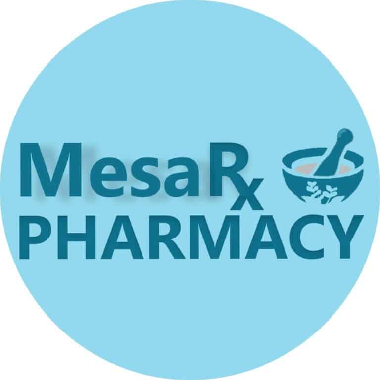 MesaRx Pharmacy logo: light blue circle with dark teal text 'MesaRx Pharmacy' and a mortar and pestle icon.