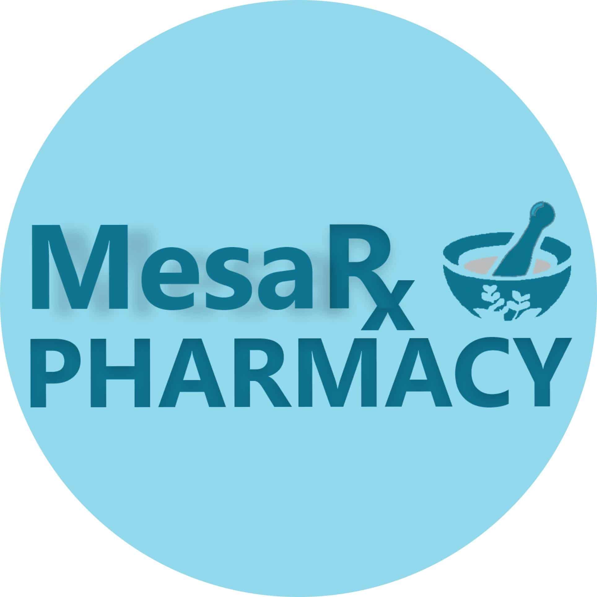 MesaRx Pharmacy logo set against a light-blue circle, featuring a mortar and pestle icon to the right and bold text MesaRx Pharmacy.