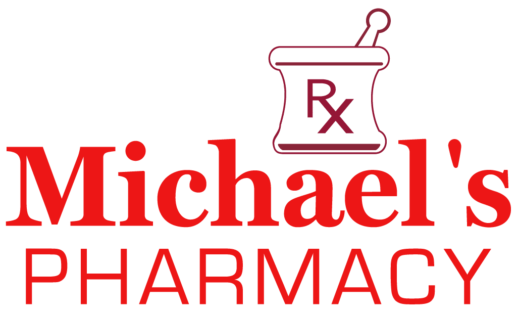 Michael's Pharmacy logo with a white mortar and pestle icon above red text reading 'Michael's Pharmacy' on a green background.