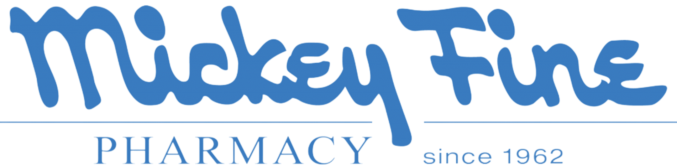 Blue pharmacy logo with stylized cursive text on top and 'PHARMACY since 1962' below, separated by a horizontal line.