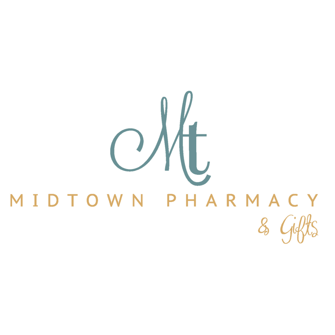 Midtown Pharmacy & Gifts logo featuring a teal script 'Mt' monogram with beige uppercase 'MIDTOWN PHARMACY' and '& Gifts' in cursive on the right.