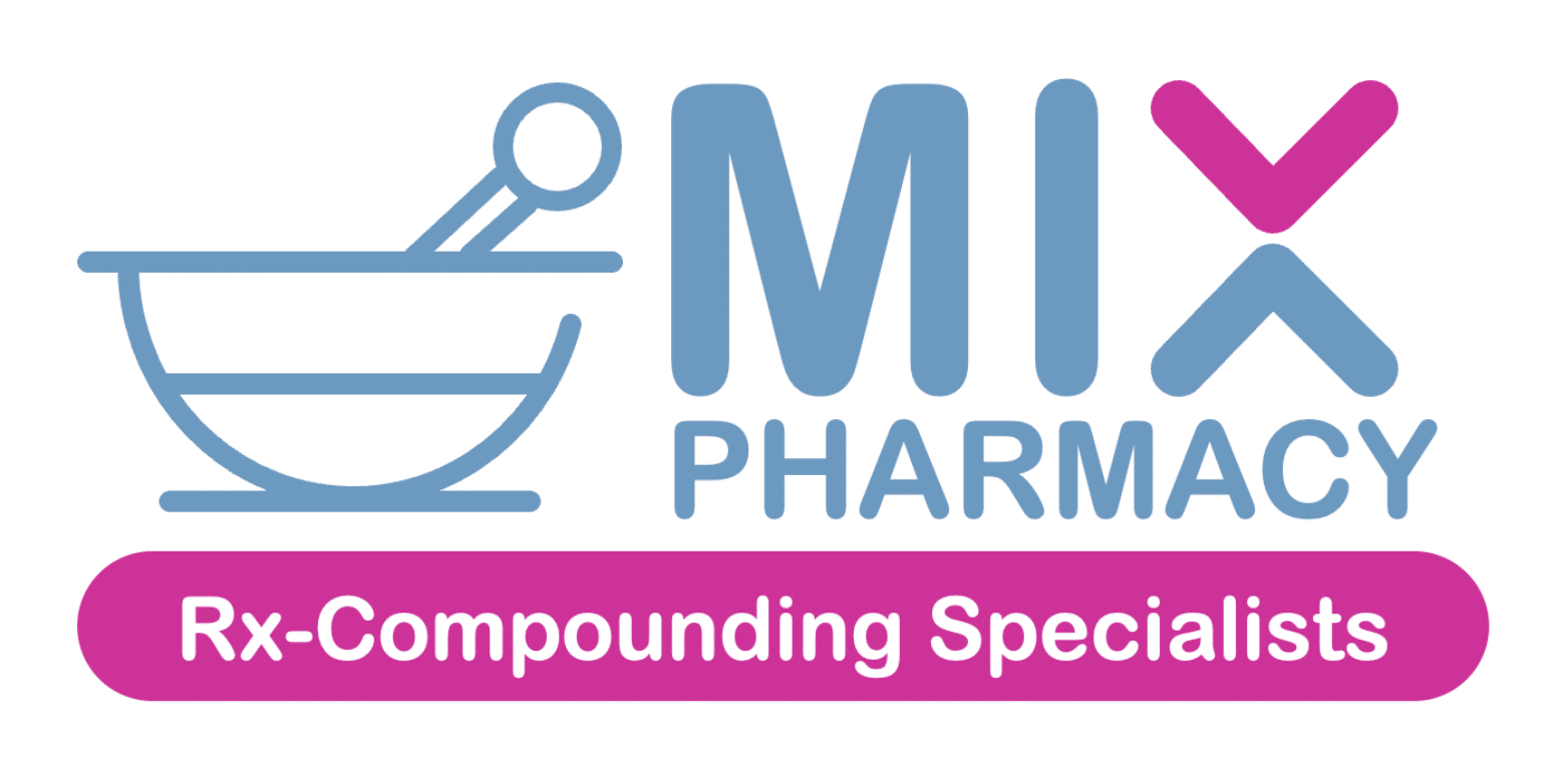 Logo for MIX Pharmacy featuring a blue mortar and pestle icon, the bold blue word 'MIX' with 'PHARMACY', and a magenta rounded ribbon reading 'Rx-Compounding Specialists'.