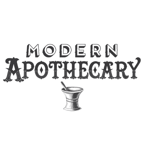 Logo for Modern Apothecary with ornate typography and a mortar-and-pestle illustration beneath.